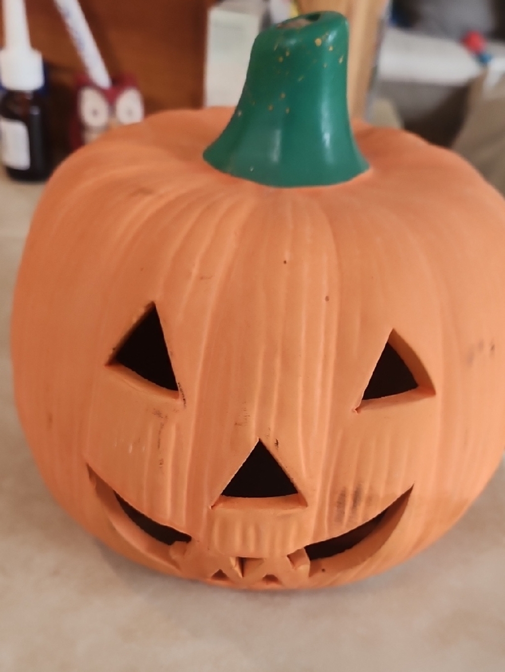 Orange Ceramic‎ Jack-O'-Lantern Pumpkin with Green Stem - Holiday Decor